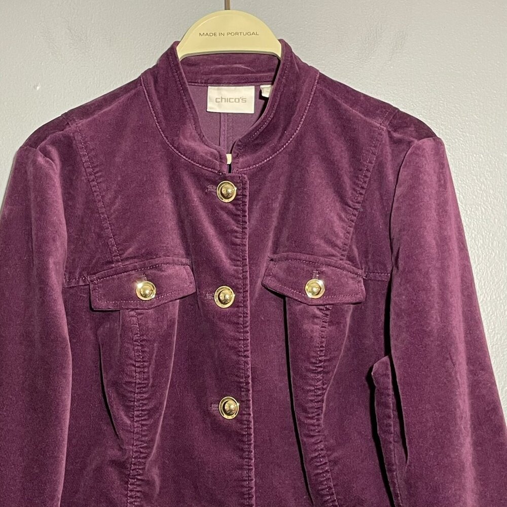 Chico Suit Jacket Coat Trench Women Size 1 Medium 8 Purple Velvet Military Retro - Picture 3 of 12